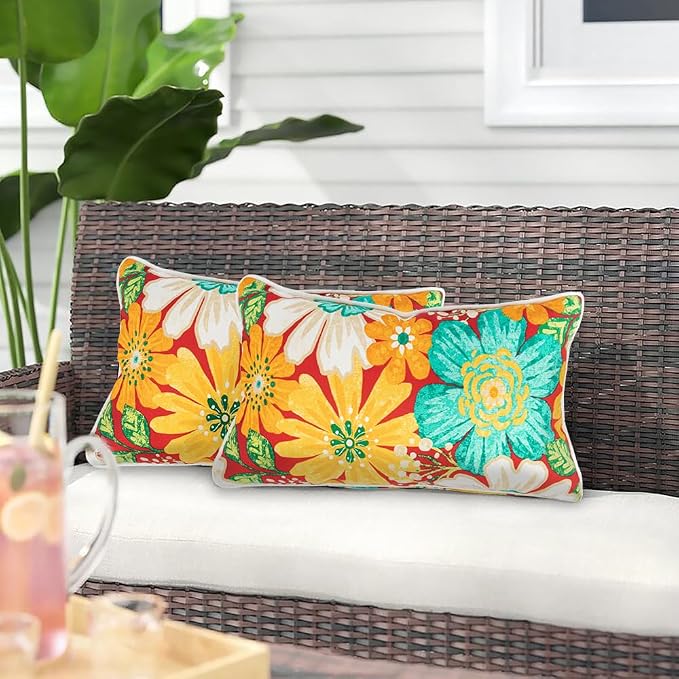Magpie Fabrics Pack of 2 Outdoor Lumbar Pillow Case Covers 12"x20", Waterproof Rectangular Throw Pillowcase Shell Decorative Sham for Patio Garden Couch - Embry Red Hibiscus