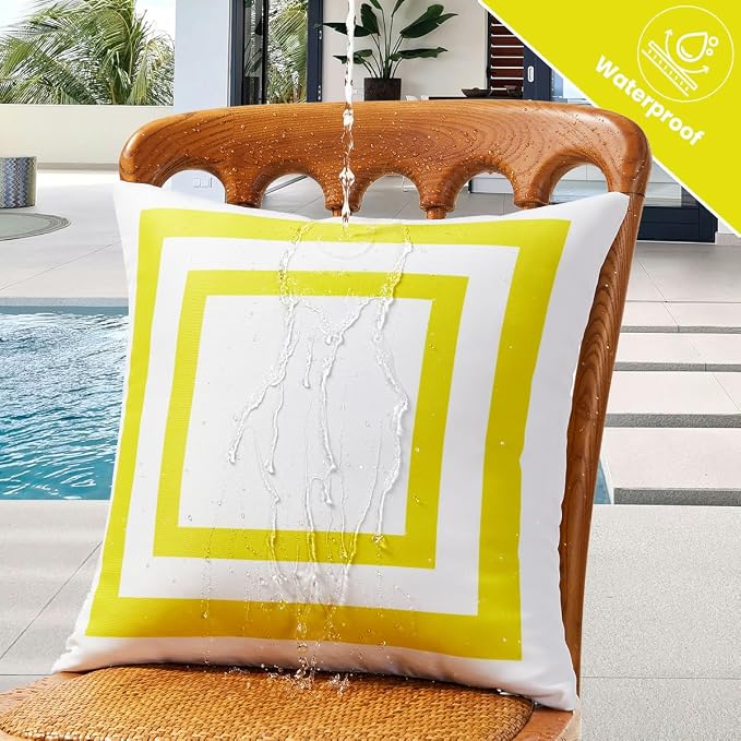 JOJOGOGO 18x18 Mustard Yellow Frame Outdoor Throw Pillow Covers Waterproof & Sunproof Set of 2, White and Yellow Outdoor Decorative Throw Pillows for Patio Furniture and Porch Decor(Without Inserts)