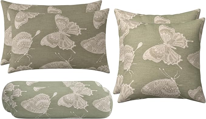 RSH DECOR: 6-Pack Pillow Set | Sunbrella Performance Fabric |Water & Fade-Resistant| 17" Square, 20"x12" Lumbar, 20"x6" Neck Roll | Outdoor Pillows for Patio Furniture | Made in USA (Farfalla Spring)