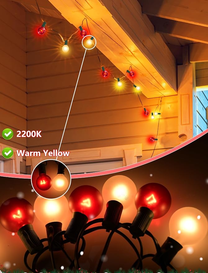 SUNSGNE G40 Frosted Red and White Christmas Lights, 25FT Christmas Round Lights with 25 Frosted Red and White Globe Bulbs for Outdoor Indoor Xmas Pergola Gazebo Patio Yard Decorations