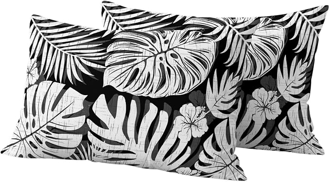 Black Palm Leaves Outdoor Pillow Covers 20"x12" Set of 2, Tropical Botanical Minimalist Modern Waterproof Throw Pillow Covers for Patio Furniture, Decorative Cushion Covers for Porch