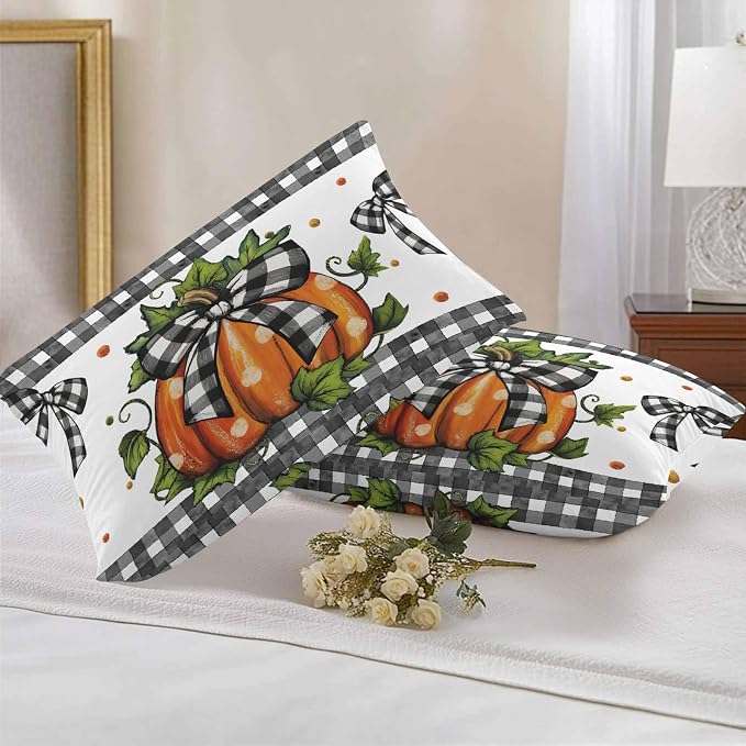 Orange Pumpkins Outdoor Waterproof Pillow Covers, Polka Dot Bow Fall Maple Leaves Plaid Decorative Rectangle Throw Pillowcase Sofa Cushion Sham for Patio/Couch/Chair, 20"x12" 2 Pack