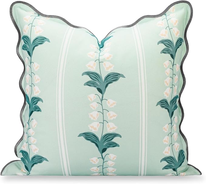 Hofdeco Premium Coastal Hampton Patio Indoor Outdoor Throw Pillow Cover Only, 20"x20" Water Repellent for Backyard, Couch, Poolside, Pale Forest Green Print Watercolor Striped Lily of the Valley