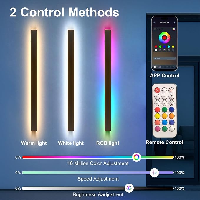 Modern Outdoor RGB Wall Lights, 2 Pack 47 Inch RGB Dimmable Long wall Light, Ip65 Waterproof Black Linear Exterior Wall Sconce with Remote and APP Control for House, Garage, Porch