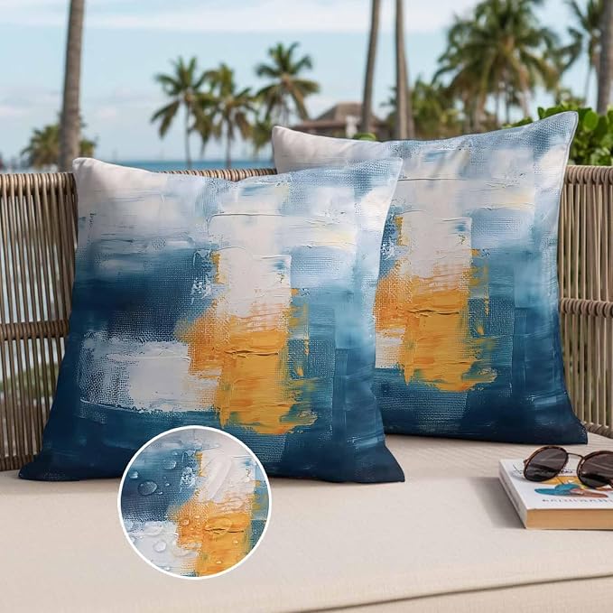 Blue Yellow Outdoor Waterproof Throw Pillow Covers Set of 2, 16"x16", Abstract Oil Painting Decorative Pillow Covers Outside Cushion Case for Patio Porch Garden