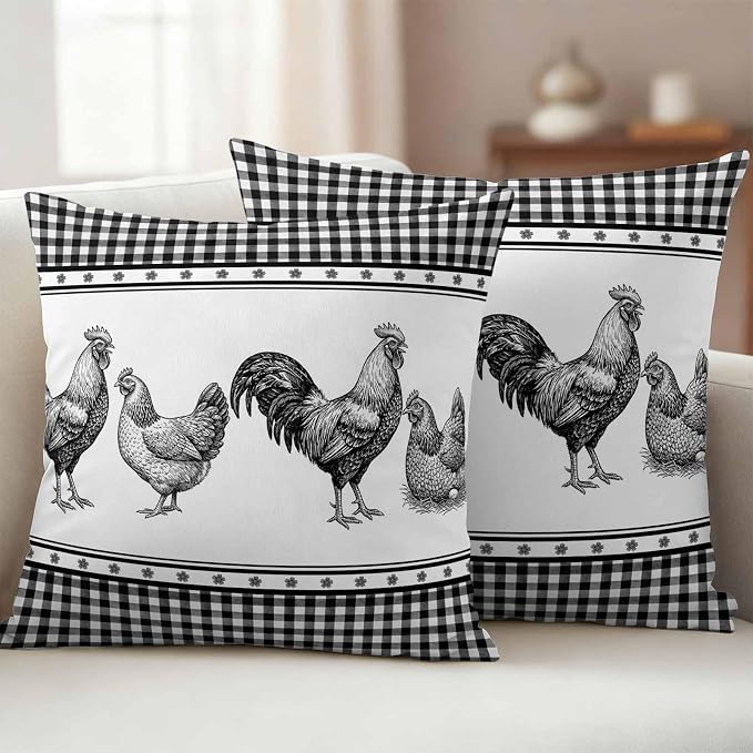 Navy Blue Rooster Outdoor Pillow Covers Waterproof, All Weather Cushion Case Set of 2, Vintage Farmhouse Black Plaid Decorative Pillowcases for Sofa Couch Bed Decor Patio Furniture 18"x18"