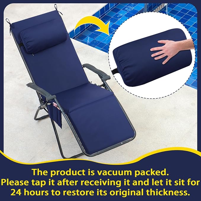 RattanView 2 Pcs Outdoor Chaise Lounge Cushion with Pillow and Side Pockets Waterproof Lounge Chair Cushions for Outdoor Furniture Patio Lounger Pad for Outside Pool Lawn (Navy Blue,72 x 21 x 4)