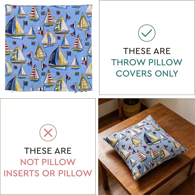 Outdoor Pillow Covers 18x18 Set of 2 Mist Sail Print, Waterproof & UV Resistant Polyester for Patio, Couch, Porch, Summer Nautical Decor