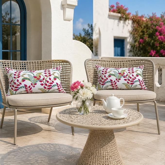 Pack of 2 Patio Lumbar Pillows 12"x20" | Fade Resistant Outdoor Waterproof Lumbar Pillow with Inners Decorative Garden Lumbar Cushions for Home Patio Terrace Sofa