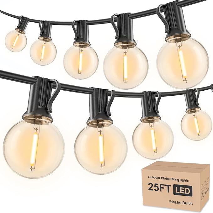RTTY Outdoor String Lights 25 FT Waterproof, Patio Light 13 G40 LED Bulbs | Shatterproof Dimmable Vintage Edison Bulb, Connectable, Hanging Light For Outside, Balcony, Cafe, Bistro, Porch, Warm White