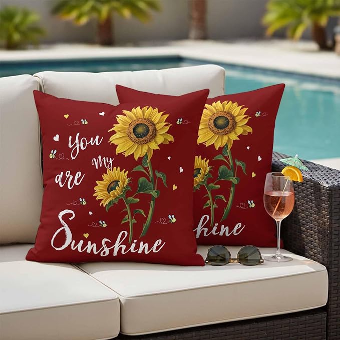 You Are My Sunshine Outdoor Pillow Covers Set of 2 Vintage Country Yellow Sunflower Floral Bees Heart Red Waterproof Throw Pillow Cover Decorative Cushion Cases for Patio Porch Garden 16X16 Inch
