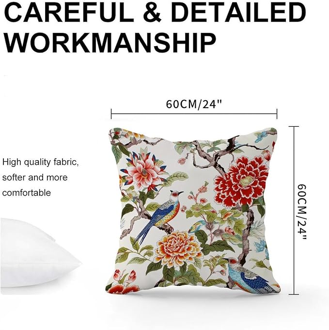 Throw Pillow Covers Chinoiserie Tree Peony Bird Pillow Covers Rustic Floral Coral Turquoise Pillow Cover Accent Square Couch Sofa Cushion Covers for Patio Furniture Garden 24x24 in