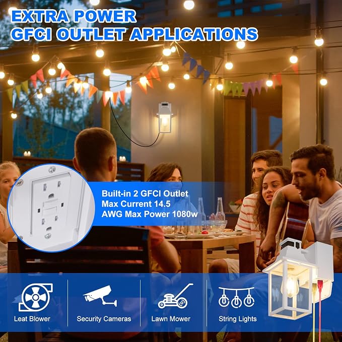 White Porch Light with GFCI Outlet & Motion Sensor,Dusk to Dawn Porch Light | 3 Lighting Modes Outdoor Wall Lights, Waterproof Aluminum Exterior Light Fixture for Front Door, Garage, Patio(1-Pack)