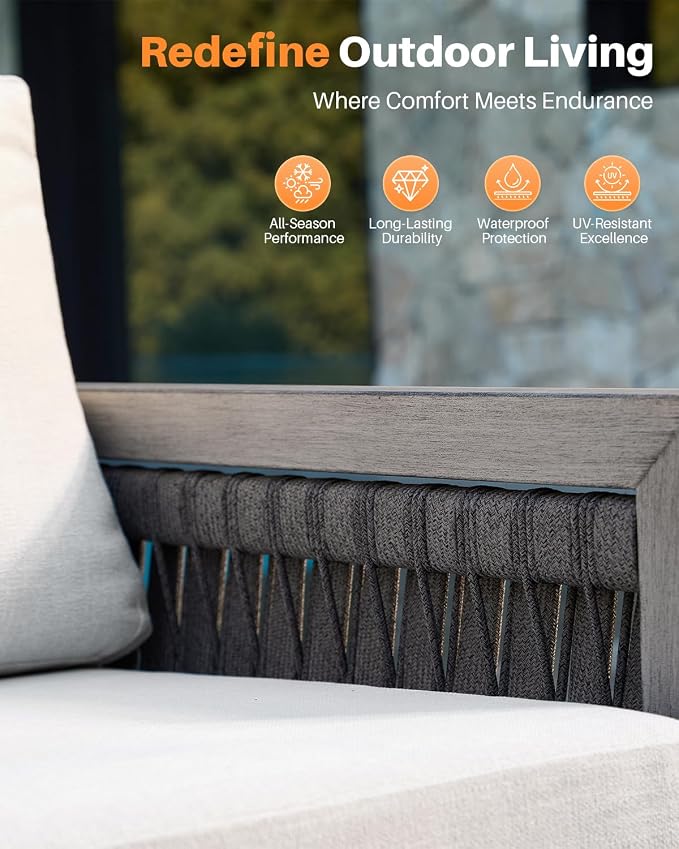 3 Seats Outdoor Sofa, Aluminum Patio Sofas Couch with Thick Cushions, Never-Rust 3-Seater Rope Weave Outside Patio Couch, Deep Seating Outdoor Sofa Furniture for Garden, Decks, Porch, Gray Oak