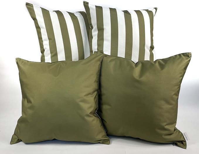 Pack of 2 Solid and Stripe 20''x20'' Outdoor Waterproof Olive Green Throw Pillow Covers Decorative Square Cushion Patio Pillows for Patio Furniture (Martini Olive)