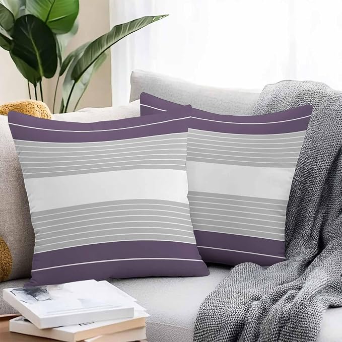 Purple Grey Stripe Outdoor Pillow Covers Waterproof, All Weather Cushion Case Set of 2, Modern Art Horizontal Striped Decorative Pillowcases for Sofa Couch Bed Decor Patio Furniture 18"x18"