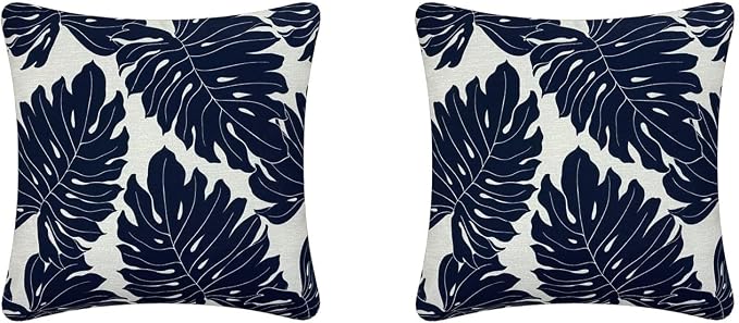 Pack of 2 Outdoor Waterproof Decorative Throw Pillow Covers for Patio Furniture, 18x18 Inch Square Fade Resistant Patio Garden Cushion Covers for Couch Bed Sofa, Leaves Navy