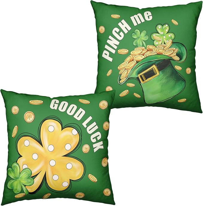 Pack of 2 St Patrick's Day Pillow Covers Polka Dots Clover Throw Pillow Covers 16x16 Lucky Hat Filled with Gold Coin Shamrock Pillow Cases Saint Patricks Day Decorations for Home