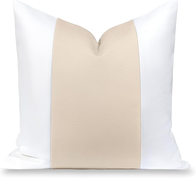 Hofdeco Premium Coastal Hampton Patio Indoor Outdoor Throw Pillow Cover Only, 20"x20" Water Repellent for Backyard, Couch, Poolside, Neutral Tan Print Color Block