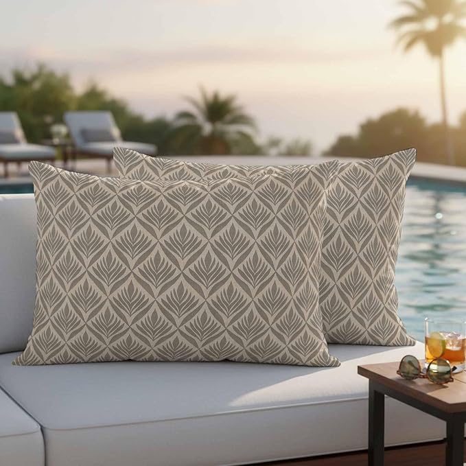 Retro Brown Outdoor Waterproof Throw Pillow Covers Set of 2, 20"x12", Floral Modern Abstract Geometric Decorative Pillow Covers Outside Cushion Case for Patio Porch Garden