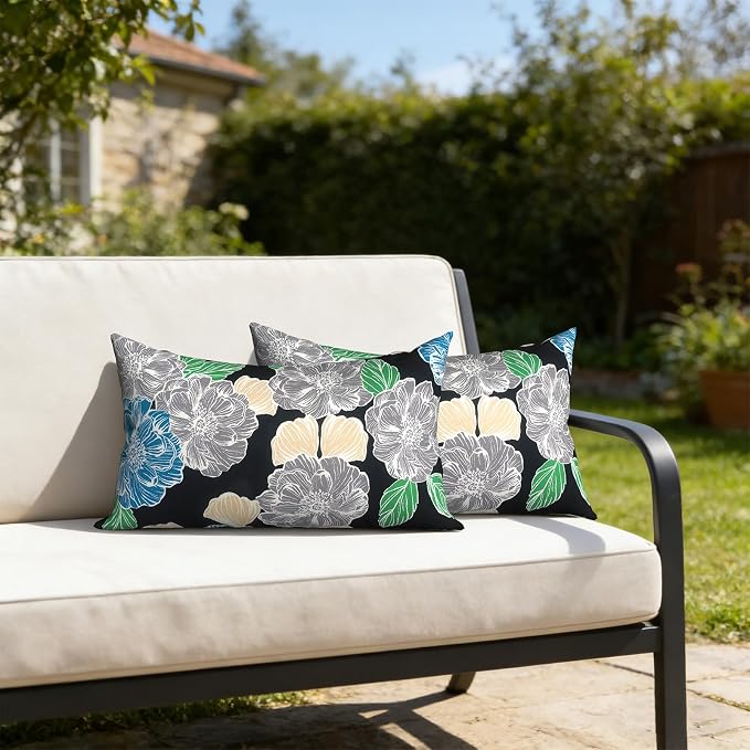 Outdoor Lumbar Pillows with Insert 12x20 Inch, Waterproof Throw Pillow for Patio Furniture, Decorative Lumbar Cushions for Garden Home Sofa Office Chair, Set of 2, Peony Garden