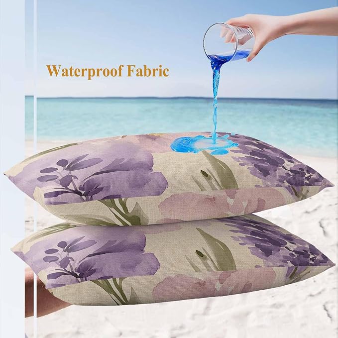Spring Flowers Outdoor Waterproof Throw Pillow Covers Set of 2, 20"x12", Lavender Leaf Purple Floral Vintage Decorative Pillow Covers Outside Cushion Case for Patio Porch Garden