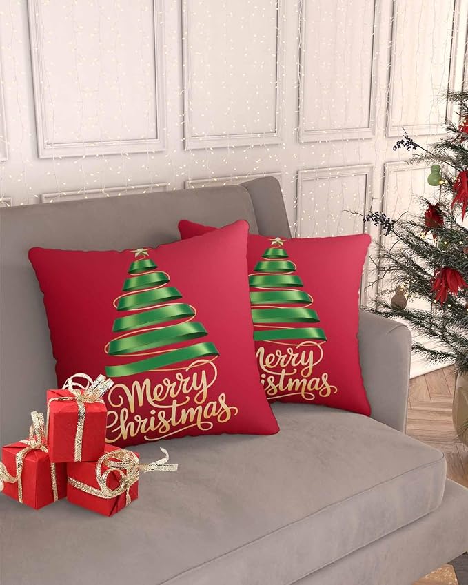 Red Christmas Tree Outdoor Pillow Covers 16 x 16 Inches, Green Xmas Tree with Star Waterproof Throw Pillow Cover Set of 2, Christmas Red Decorative Square Cushion Covers for Patio/Couch/Garden