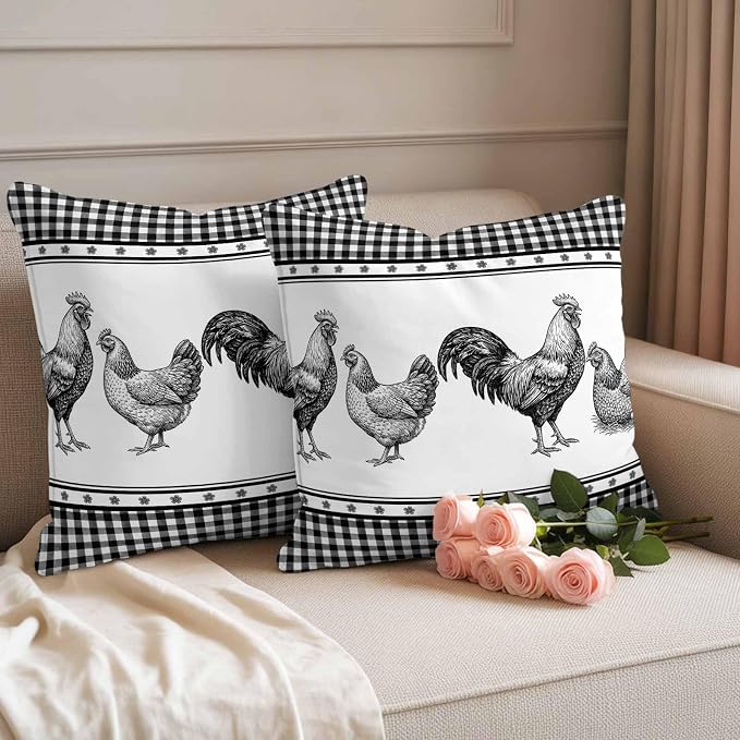 Navy Blue Rooster Outdoor Pillow Covers Waterproof, All Weather Cushion Case Set of 2, Vintage Farmhouse Black Plaid Decorative Pillowcases for Sofa Couch Bed Decor Patio Furniture 18"x18"
