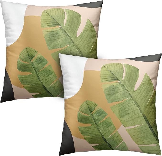 Green Leaves Tropical Throw Pillow Covers Summer Palm Tree Couch Covers 20x20 Jungle Plant Banana Leaf Living Room Decor Decorative Pillow Covers in 2 Pcs for Sofa Chair