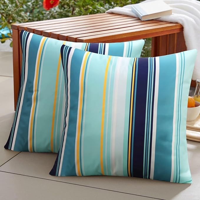 Pyonic Pack of 2 Outdoor Waterproof Throw Pillow Covers Light Blue Pillow Covers Decorative Square Cushion Cases for Patio Furniture Tent Garden Couch,18x18 Inches,Color Stripe