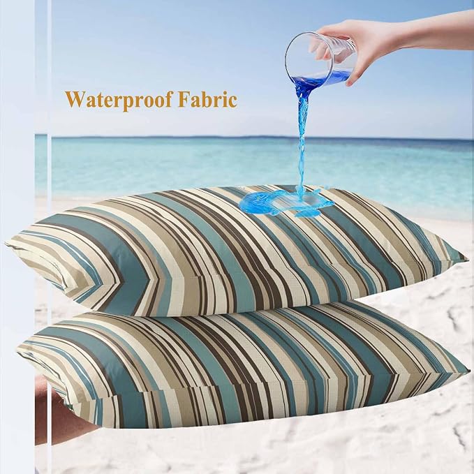 Boho Vertical Stripes Outdoor Waterproof Throw Pillow Covers Set of 2, 20"x12", Green Beige Simple Lines Decorative Pillow Covers Outside Cushion Case for Patio Porch Garden