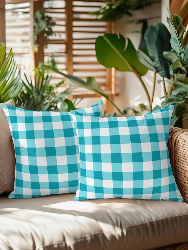Waterproof Outdoor Pillow Set of 2 Turquoise Buffalo Plaid Decorative Throw Pillows Cover & Insert 18x18 Inch Pillowcase Check Lines Square Pillows for Couch Sofa Bed Patio Furniture Indoor Outdoor