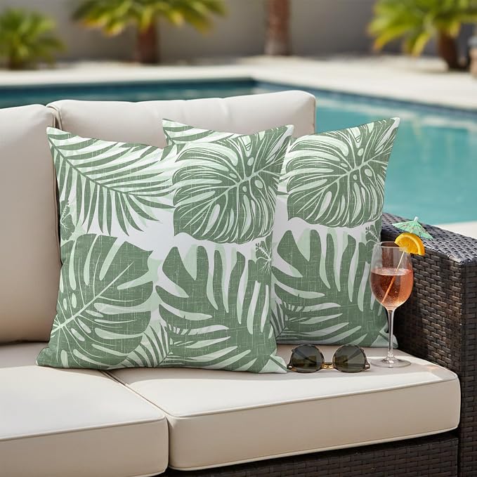 Green Palm Leaves Outdoor Pillow Covers 20"x20" Set of 2, Tropical Botanical Minimalist Modern Waterproof Throw Pillow Covers for Patio Furniture, Decorative Cushion Covers for Porch