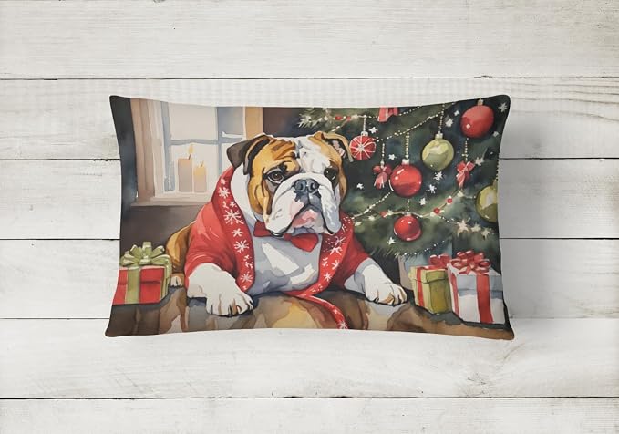 Caroline's Treasures DAC2649PW1216 English Bulldog Cozy Christmas Throw Pillow Machine Washable, Indoor Outdoor Decorative Pillow for Couch, Bed or Patio, 12HX16W