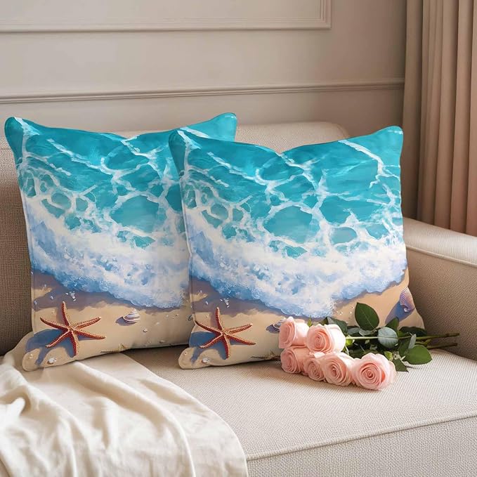 Ocean Beach Waterproof Outdoor Pillow Covers Set of 2 Home Decor, Coastal Nautical Starfish Shells Sea Waves Pillowcase Patio Pillow Covers for Couch Bench Furniture Garden 26x26in