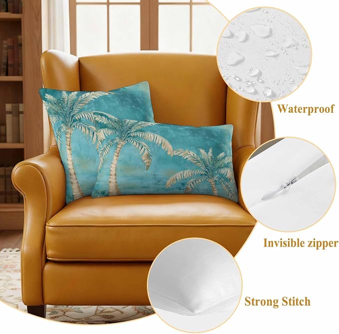 Coastal Beach Palm Tree Outdoor Waterproof Pillow Covers, Retro Teal Decorative Square Throw Pillowcase, Tropical Plant Summer Sofa Cushion Sham for Patio/Couch/Chair, 20"x20" 2 Pack