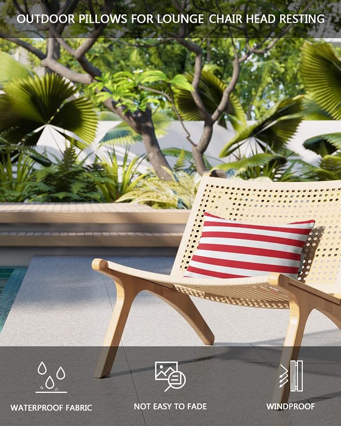 Red and White Striped Outdoor Pillows with Insert Red White Geometric Waterproof Patio Pillows with Adjustable Strap Decorative Head Recliner Lounger Chair Throw for Patio Furnitures, 1 Pack
