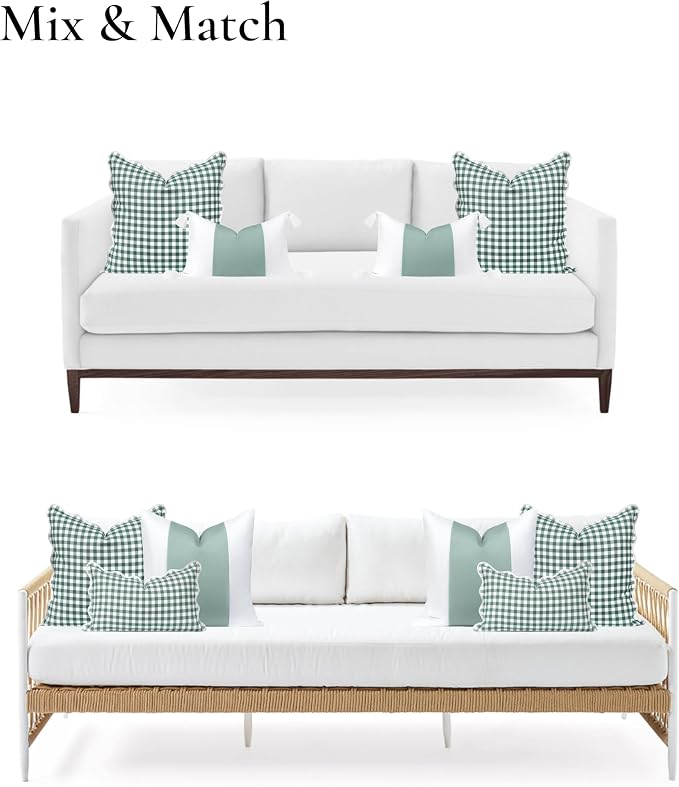 Hofdeco Premium Coastal Grandmillennial Patio Indoor Outdoor Lumbar Pillow Cover Only, 12"x20" Water Repellent for Backyard, Couch, Poolside, Celadon Green Print Color Block