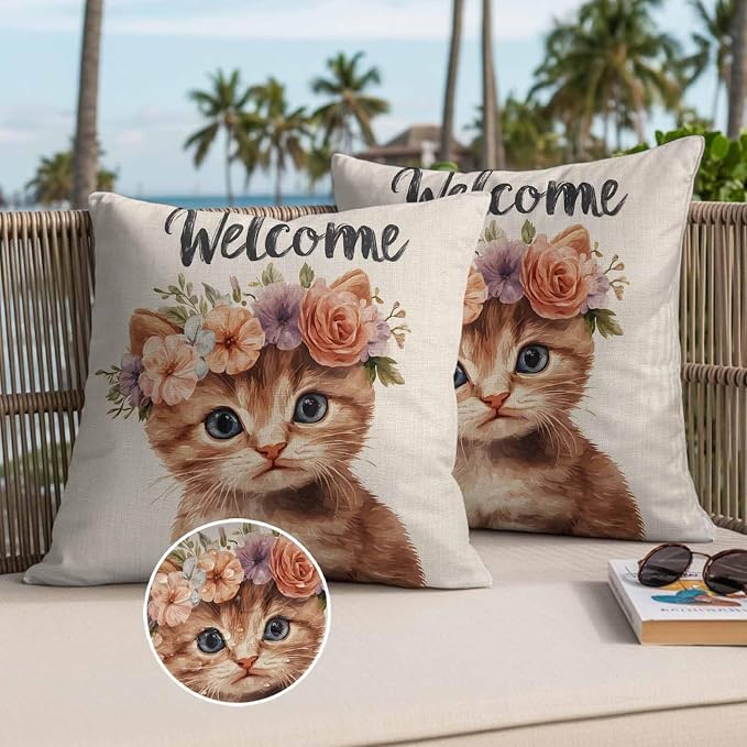 Cute Cat Outdoor Waterproof Throw Pillow Covers Set of 2, 18"x18", Garland Welcome Retro Decorative Pillow Covers Outside Cushion Case for Patio Porch Garden