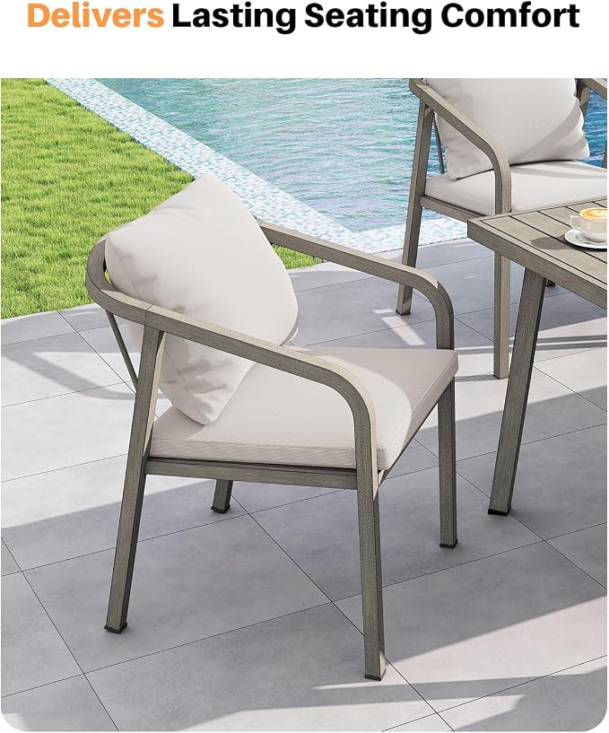 Outdoor Dining Chairs Set of 4, Never-Rust Aluminum Patio Dining Chairs with Removable Cushion, Ergonomic Patio Chairs with Wraparound Seating Design for Deck, Poolside, Commercial, Gray Oak