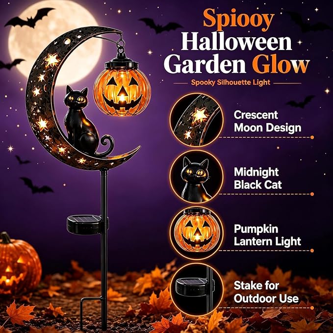Solar Halloween Black Cat Garden Stake Light – Metal Crescent Moon & Pumpkin Lantern Yard Decor, Auto On/Off Waterproof LED Landscape Lighting for Patio Lawn Pathway (A)