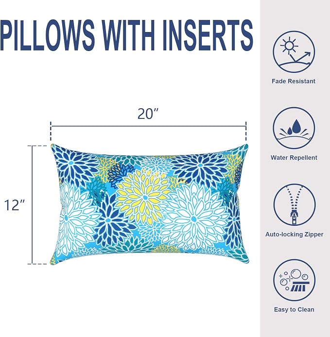 Outdoor Lumbar Pillows, Water Repellent Cushion Pillows 12x20 Inch, Outdoor Pillows with Inserts for Home Garden, Pack of 2, Dahlia Blue