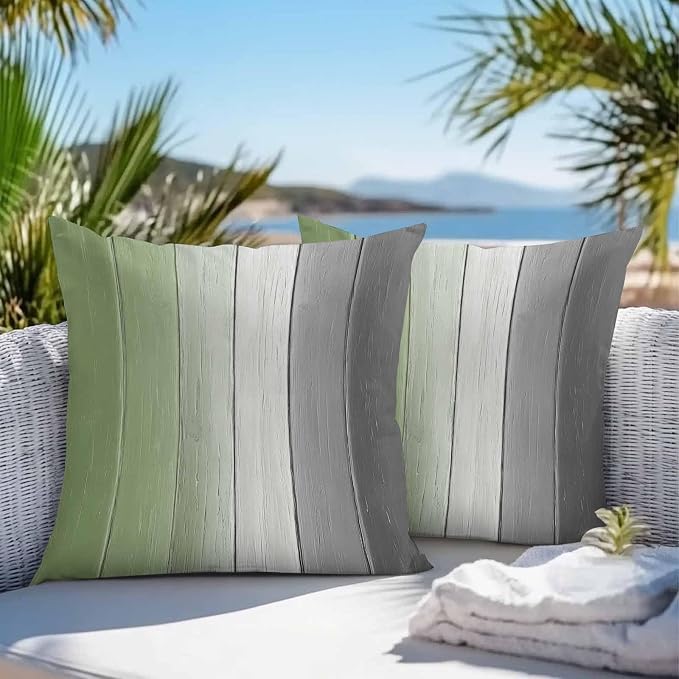 Throw Pillow Covers 24x24 Inch Set of 2, Sage Green Gray Ombre Waterproof Outdoor Cushion Covers, Vintage Country Wooden Decorative Pillowcases for Couch, Sofa, Bed, Garden, Patio