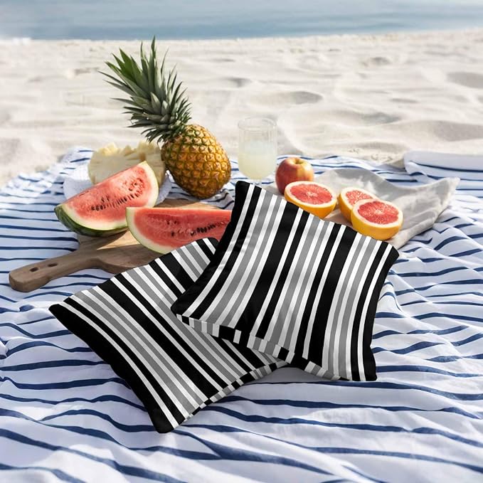 Black Grey Stripe Outdoor Pillow Covers 18x18 Inch Throw Pillow Covers Set of 2 Waterproof Decorative Pillow Cases Farmhouse Minimalist Striped Cushion Covers for Patio Furniture Garden Couch Sofa
