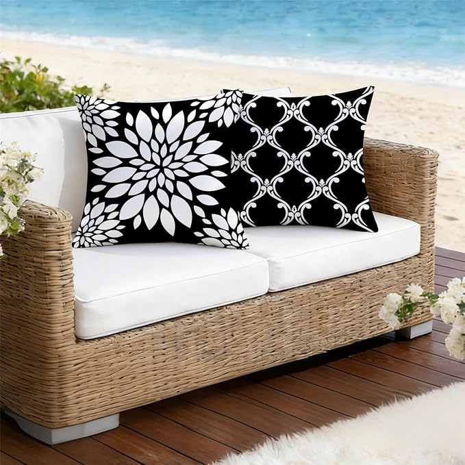 Outdoor Waterproof Throw Pillow Covers 16x16 Set of 4 Black and White Aesthetic Boho Decorative Cushion Cases for Patio Furniture Garden Porch Bench Couch Sunbrella