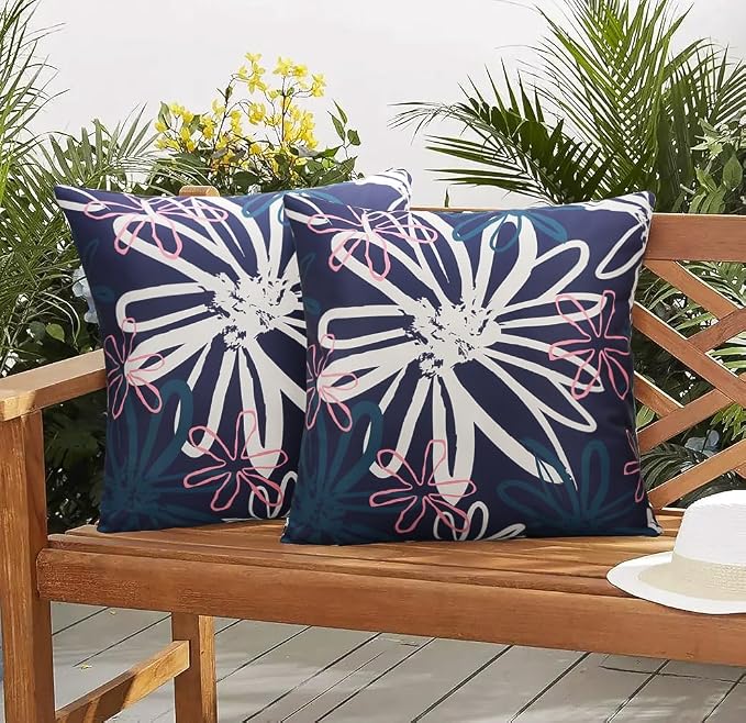 Pyonic Outdoor Waterproof Pillow Covers Pack of 2 Dahlia Water Resistant Decorative Outdoor Pillow Covers 18x18 inch Square Patio Pillows for Funiture Garden,Blue