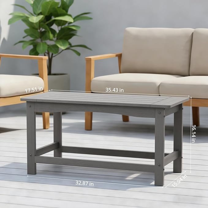 Outdoor Coffee Table, 35.4" x 17.5" All Weather Rectangle Patio Coffee Side Table for Garden Lawn Porch Poolside Balcony (Gray)