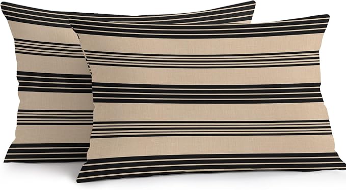 JasmineM Outdoor Pillow Cover Set of 2 Rustic Black Brown Stripes Waterproof Throw Pillow Covers Classic Parallel Lines Decorative Pillowcases Garden Cushion Case for Patio Couch Sofa 12x20 Inch