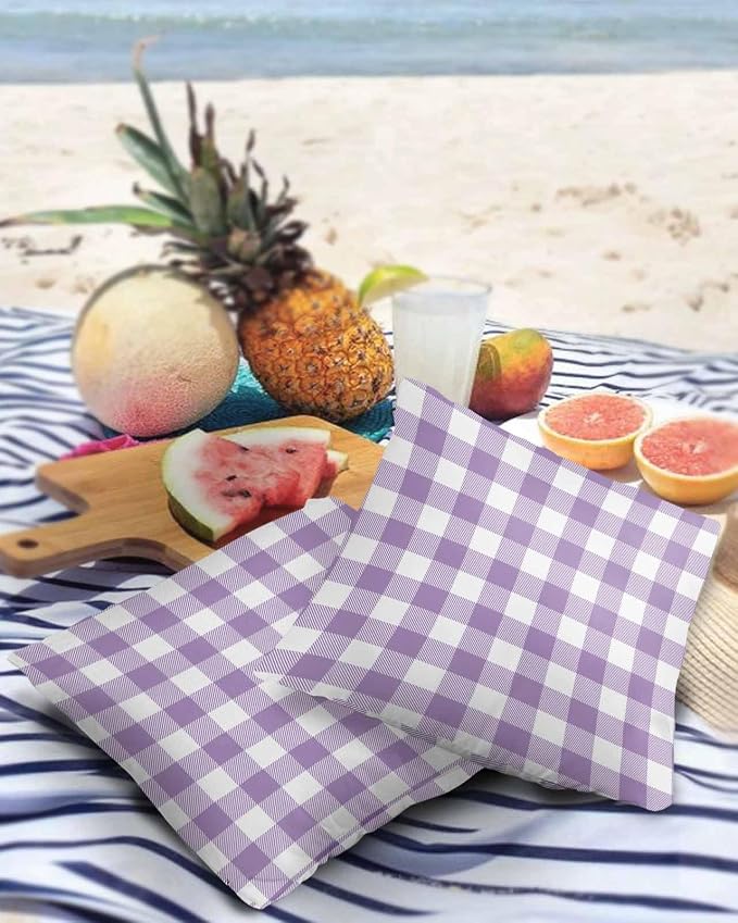 Outdoor Waterproof Throw Pillow Covers Set of 2 Purple Buffalo Check Plaid Pillowcases 26x26 Inches Farmhouse Style Patio Decorative Pillows Cushion Case Patio Pillows for Couch Bed Chair Garden