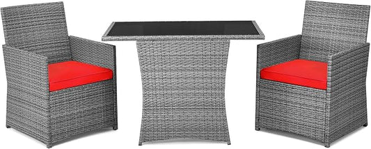 RELAX4LIFE 3-Piece Outdoor Furniture Set - All-Weather Wicker Rattan Patio Dining Set w/Tempered Glass Coffee Table & Cushions, Modern Bistro Conversation Set for Yard Balcony (Red)